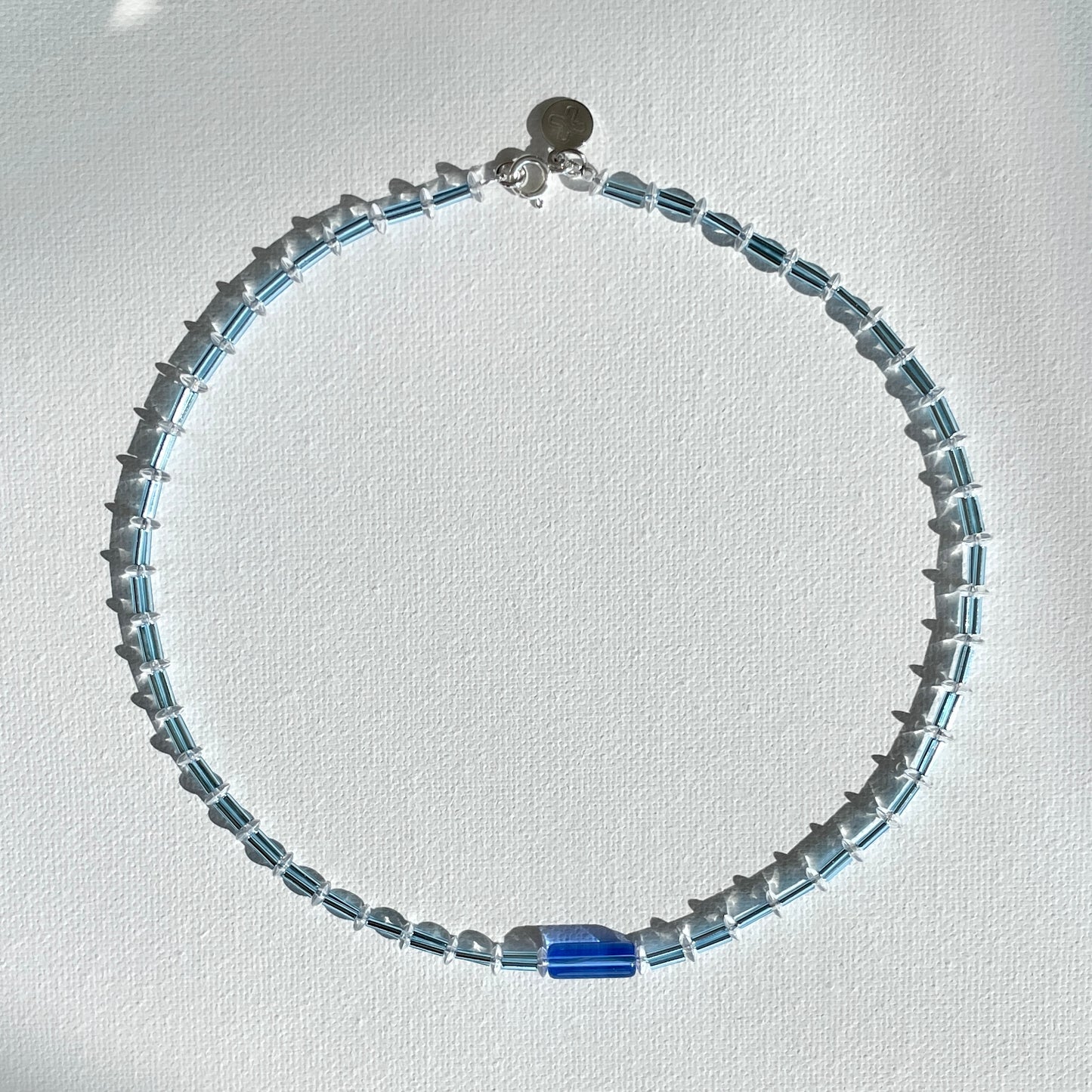 Bluejazz Necklace – handcrafted beaded necklace with blue and gemstone-toned Japanese and French glass beads and sterling silver clasp, 42 cm in length