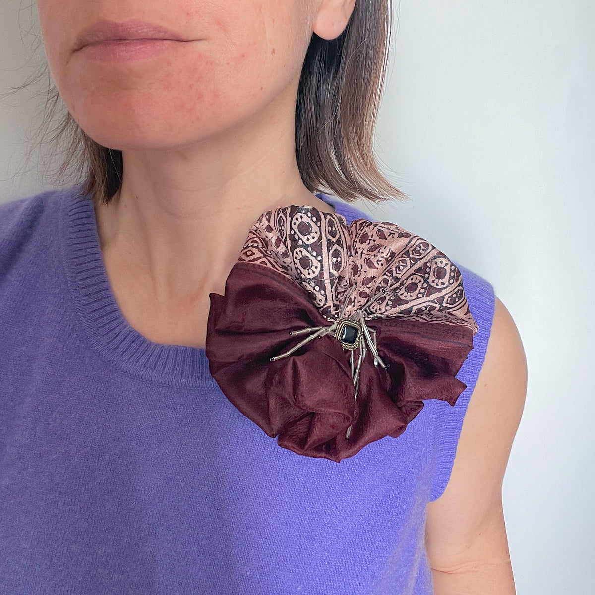 Brown Silk Flower Upcycled Brooch