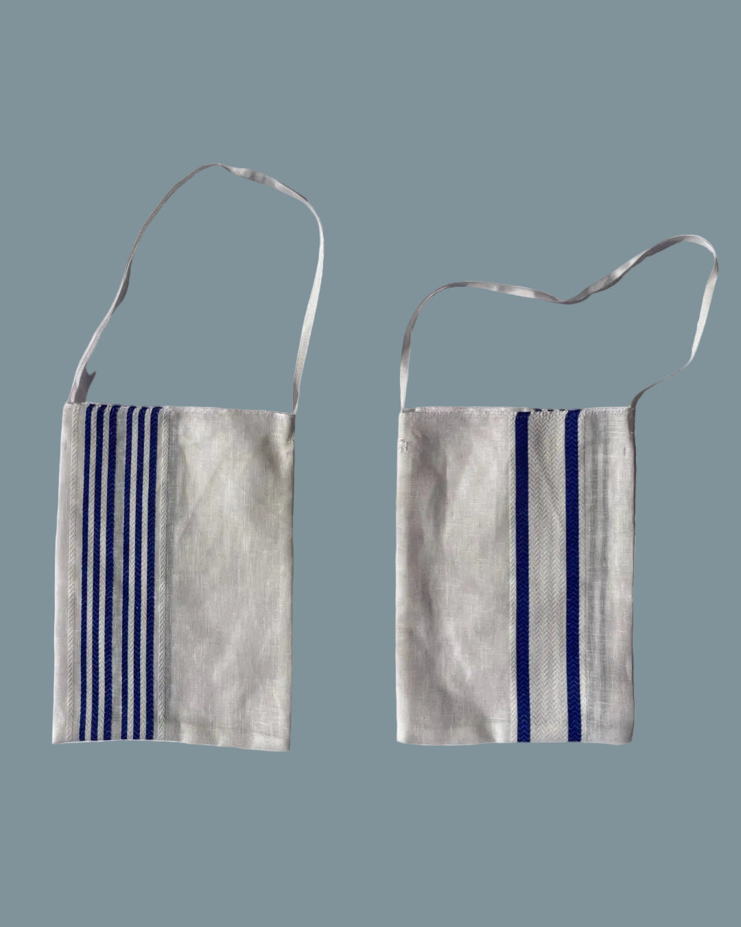 Two views of a small woven shoulder bag made from off-white linen with blue stripes.