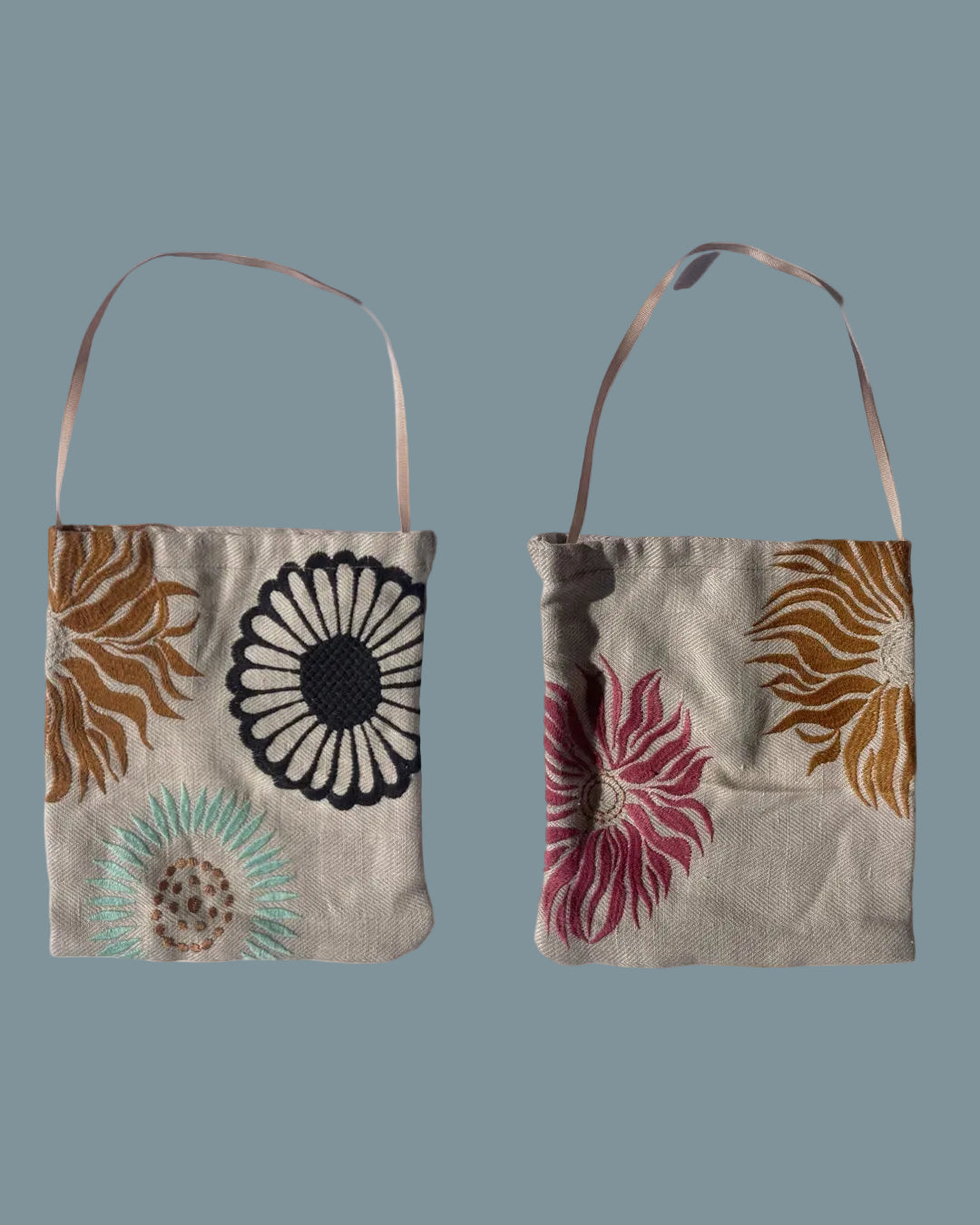 Two views of a beige linen tote bag with embroidered floral patterns.
