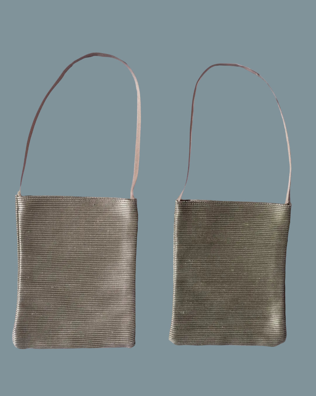 Two views of a small woven shoulder bag in a muted golden olive color with a thin brown strap.