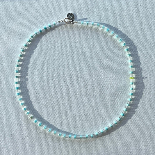 Turquoise and clear glass cubes beaded necklace with silver clasp and engraved plus charm