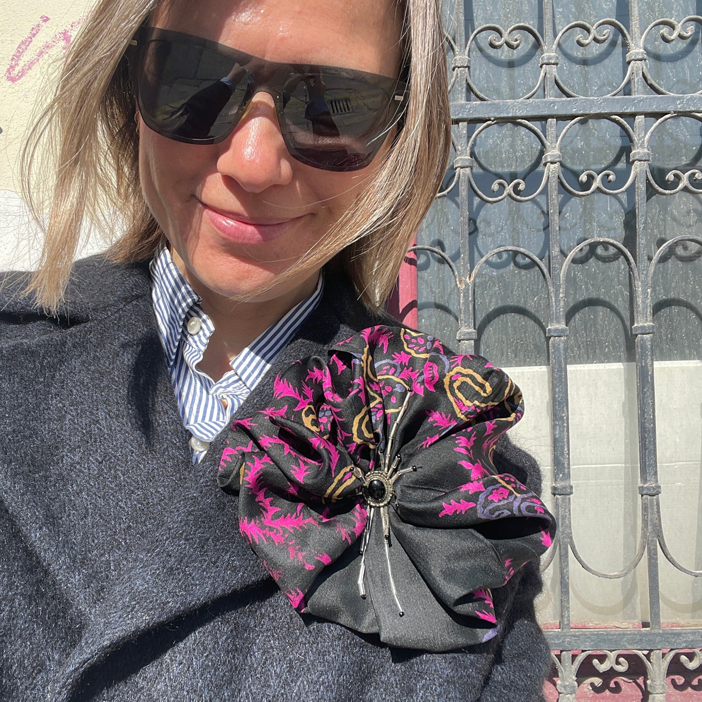 Black Silk Flower Upcycled Brooch