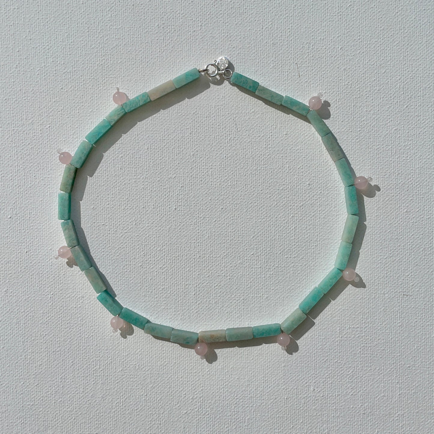 Handcrafted gemstone necklace featuring natural amazonite and rose quartz beads, 925 silver clasp