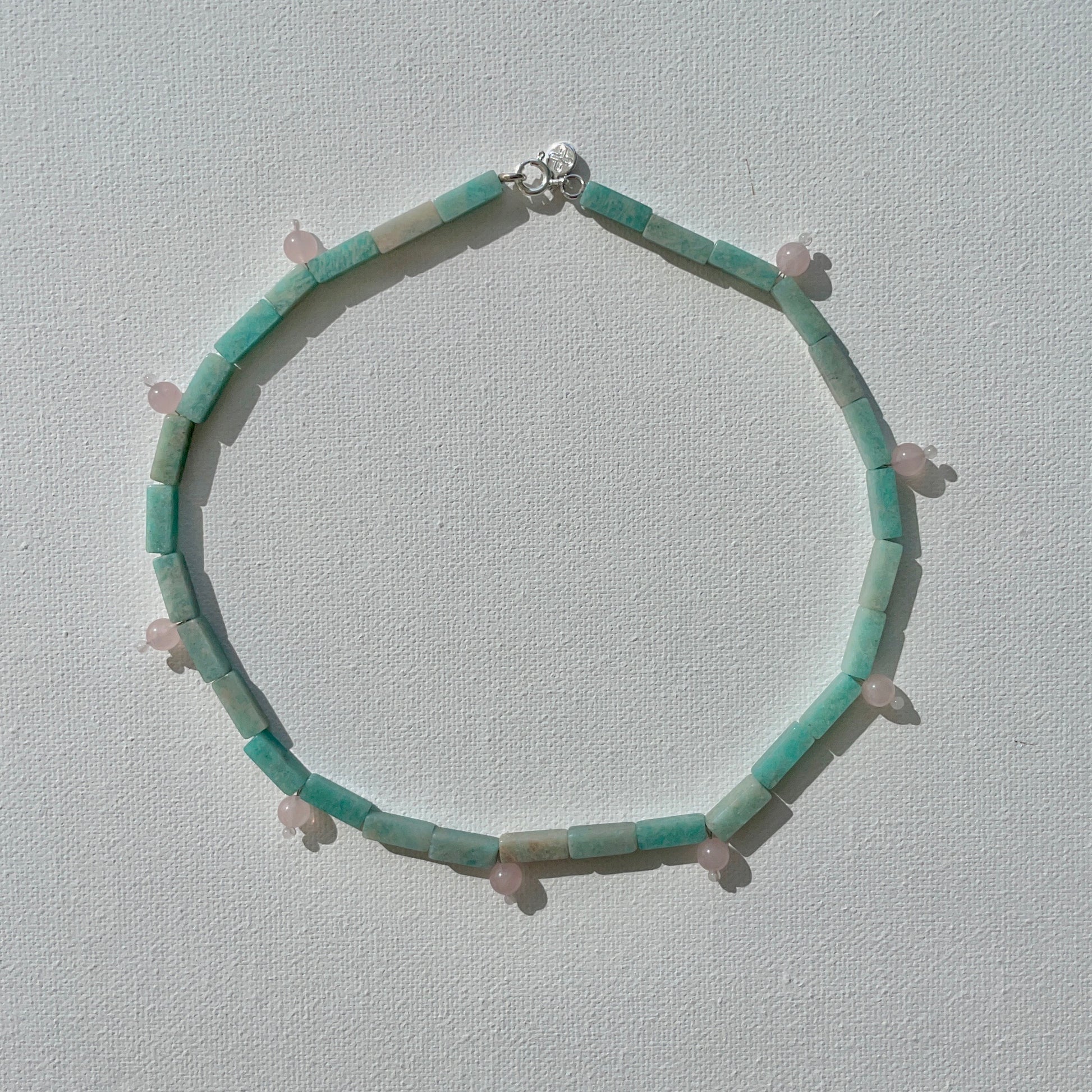 Handcrafted gemstone necklace featuring natural amazonite and rose quartz beads, 925 silver clasp