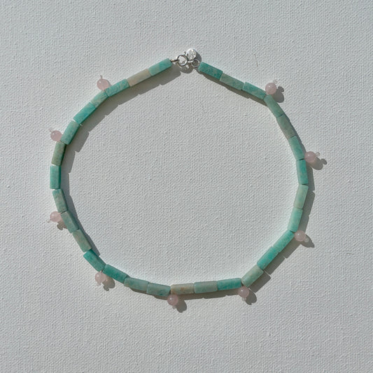 Handcrafted gemstone necklace featuring natural amazonite and rose quartz beads, 925 silver clasp