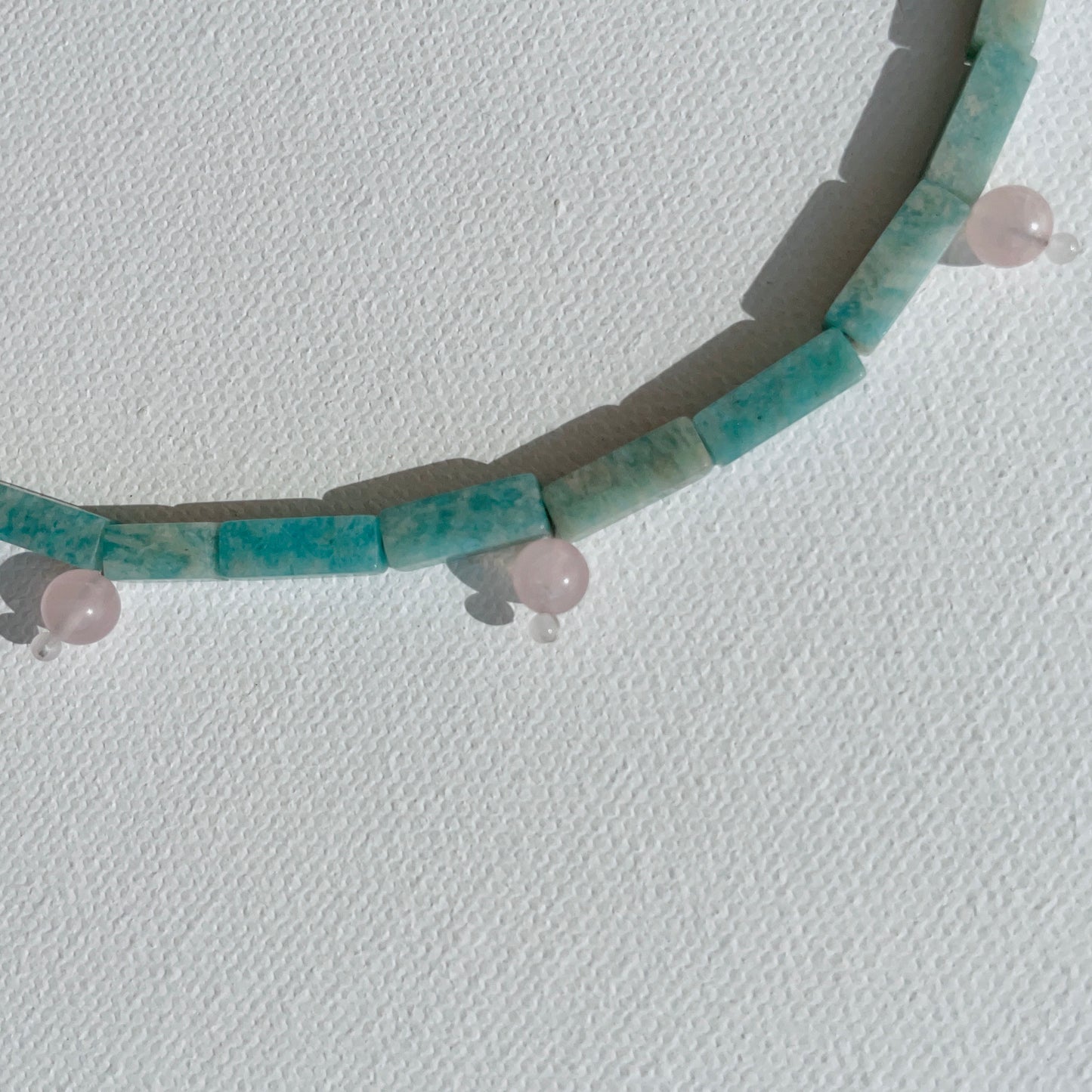Necklace with green-blue amazonite rectangular beads and rose quartz round stones