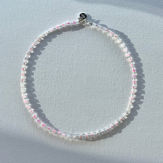 Pink spectrum beads and clear glass cubes beaded necklace with silver clasp and engraved plus charm