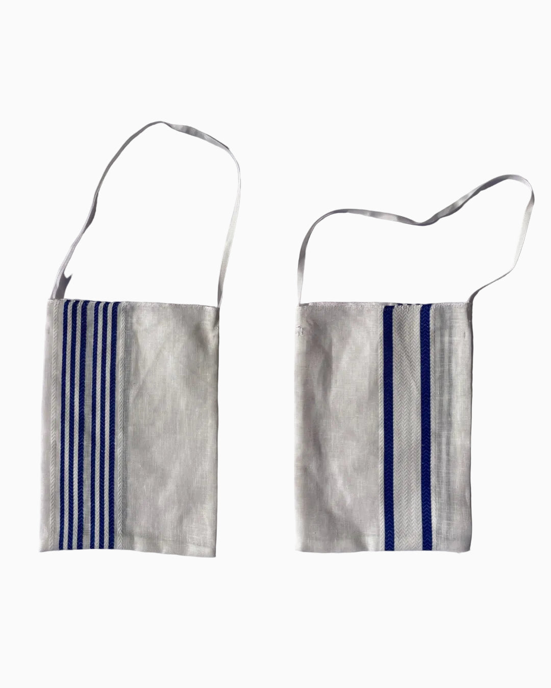 Two views of a small woven shoulder bag made from off-white linen with blue stripes.