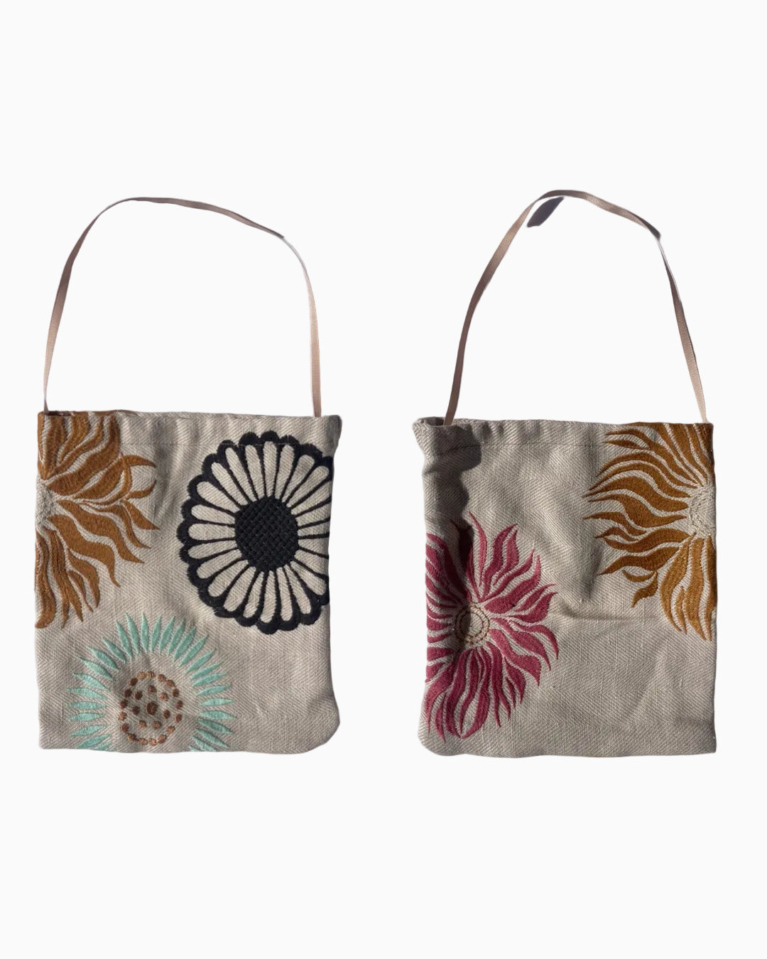 Two views of a beige linen tote bag with embroidered floral patterns.