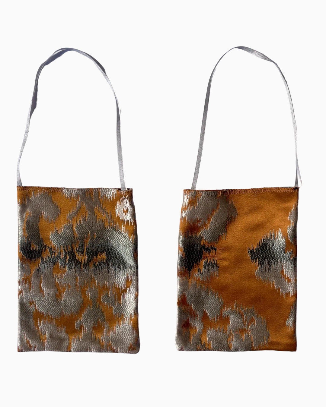 Two views of a small silk shoulder bag with a metallic golden brown and silver abstract pattern.