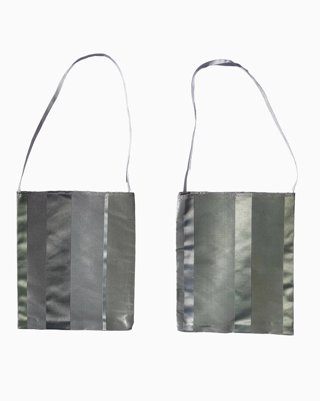 Two views of a small shoulder bag with a metallic silver-gray striped pattern and a thin dark strap.