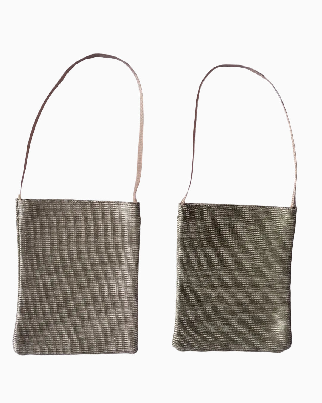 Two views of a small woven shoulder bag in a muted golden olive color with a thin brown strap.